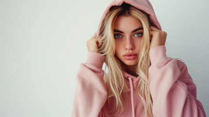 Sexy blonde woman wear pink hoodie isolated on white background