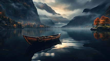 Wall Mural - wooden boat sitting on the dock with in the calm lake water with misty mountains and forest in the background created with Generative AI Technology 