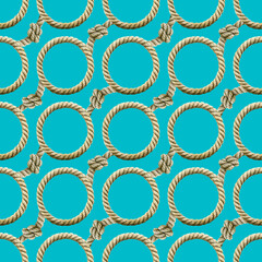 Wall Mural - Seamless pattern watercolor Rope with knot round frame. Ropes, rounded borders, decorative circles of marine cable. Endless loop twisted illustration. Nautical knot circle on blue green background.