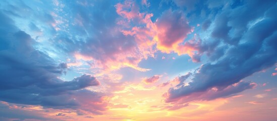 at dusk, the sun illuminates the sky with a golden glow, shining through the clouds in the atmospher