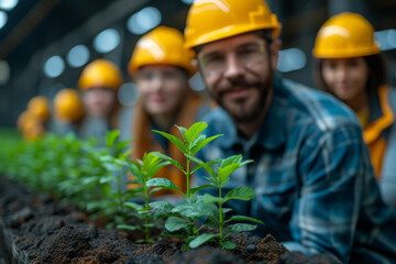 Wall Mural - Environmental warriors collaborating with local industries to implement eco-friendly practices and reduce environmental impact. Concept of sustainable industry. Generative Ai.