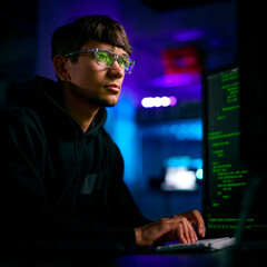 low key lighting shot of male computer hacker sitting in front of screens breaching cyber security