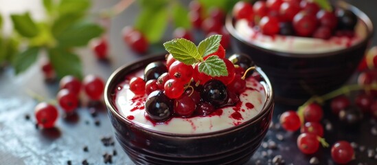 Wall Mural - A delightful bowl of yogurt adorned with red currants, blueberries, and boysenberries, showcasing the natural goodness of fruits in this delectable recipe.