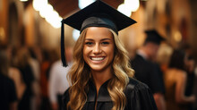 Graduate Girl With Master Degree In Black Graduation Robe And Cap Happy Young Woman Careerist Have Success In Her Business.