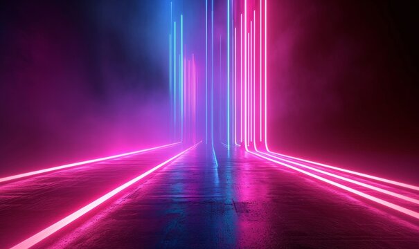 3d rendering, abstract neon background with ascending pink and blue glowing lines. Fantastic wallpaper with colorful laser rays, Generative AI