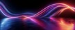 © Dream Big Studios - 3d render. Abstract panoramic background of twisted dynamic neon lines glowing in the dark room with floor reflection. Virtual fluorescent ribbon loop. Fantastic minimalist, Generative AI