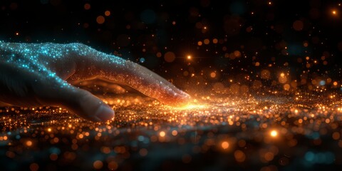 A Human Hand Interacts with a Swirling Galaxy of Digital Particles, Symbolizing Connection and Innovation, Generative AI