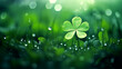 Beautiful green clover leaf on green background with blurred lights and highlights. Illustration with space for copy, text and advertisement, banner for st. Patrick's day, holiday greeting card