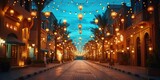 Fototapeta Londyn - Ramadan in the City: A vibrant city scene at night during Ramadan, with streets lit by lanterns and buildings adorned with lights