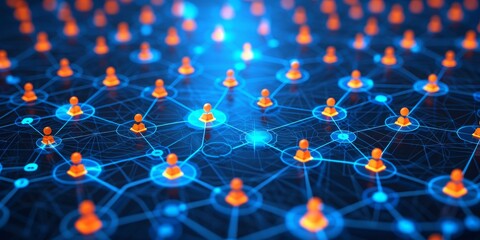Leinwandbilder - A Network of Social Media Profiles Interlinked on a Futuristic Blue and Orange Grid, Generative AI