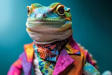 Stylish Gecko In Colorful Clothes On Blue Background