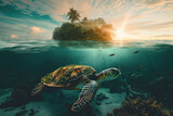 Fototapeta  - Dramatic underwater view of a sea turtle against a sunset, with striking sunrays piercing through the ocean surface