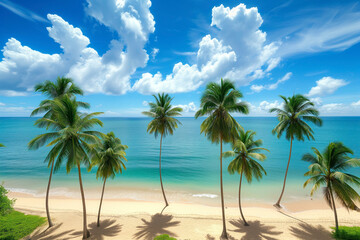 Naklejka na meble Bright sunny day at a tropical beach with coconut palms creating the perfect backdrop for summer vacations