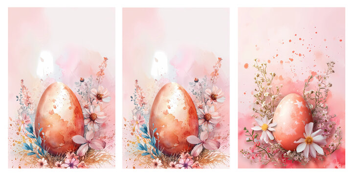 Happy Easter watercolor cards set with decorated Easter eggs and spring blooming flowers bouquet. Springtime holiday floral poster graphic print template with copy space for text. Raster illustration.