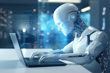 modern AI robot working on cyber security, futuristic digital security technology, artificial intelligence in cyber security, cyber background, tech wallpaper   