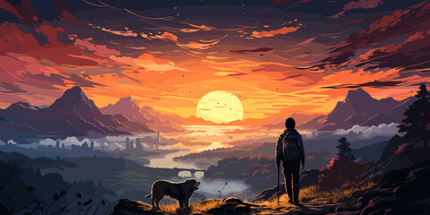 Wall Mural - traveler and dog standing and looking at the colorful light in the valley, digital art style, illustration painting