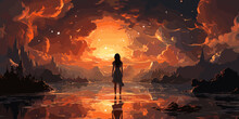 Surreal Scenery Showing The Girl Looking At Mysterious Things On Clouds, Digital Art Style, Illustration Painting