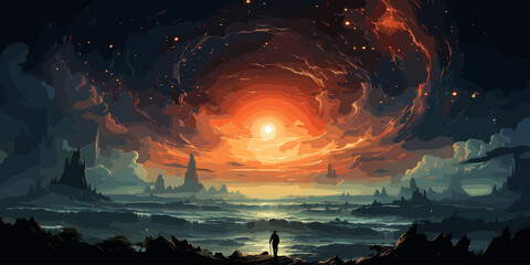 Wall Mural - man with magic spear makes a swirling sea in the sky, digital art style, illustration painting