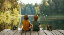 Photo Of Little Boys Friends Near A Forest Pond With Fishing Rods While Fishing On A Summer Weekend