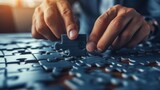 Fototapeta Miasto - Close-up of a strategic game in action with a hand placing a puzzle piece, suggesting critical thinking and problem-solving.
