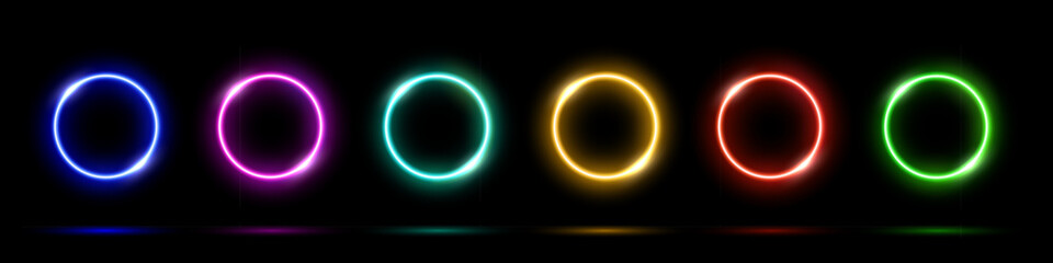 Wall Mural - glowing light neon abstract circles on black background. color led round electric frames. geometric 