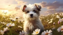 Experience The Tranquility Of A Flowery Field Where A Lovable Puppy Sits Against A White Canvas