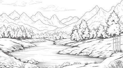 Wall Mural - Landscape with mountain river lake forest, outline drawing vector scenery panorama