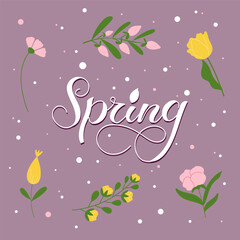 Wall Mural - Hand drawn poster with Spring calligraphy surrounded by flowers.