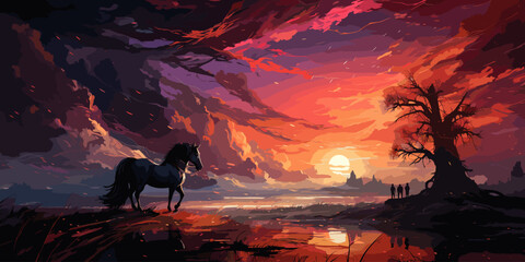 Wall Mural - The magic horse standing alone against the colorful night sky, digital art style, illustration painting