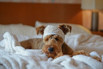  Airedale terrier dog lays on a bed, pet relaxing in spa wellness