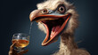 Happy laughing ostrich with a cocktail