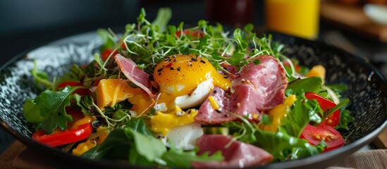 Canvas Print - A dish of leafy greens and various ingredients, placed on a table, showcasing the food's freshness and presentation.