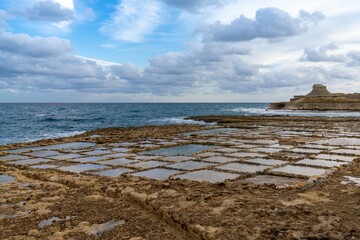 Canvas Print - view of the salt pans in Xwejni Bay on the Maltese island of Gozo