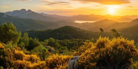 Poster - Golden sunset over lush hills, serene lake view beneath vast skies. nature landscape perfect for wall art and backgrounds. serenity captured at dusk. AI