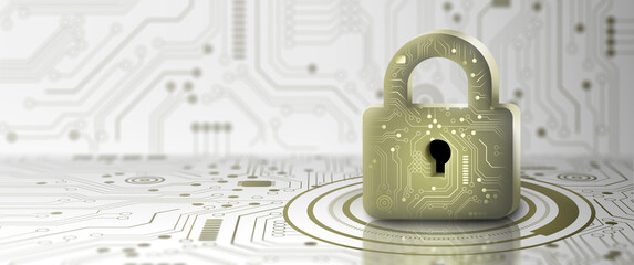 Wall Mural - padlock with keyhole in data security on converging point of circuit. cyber data and information pri