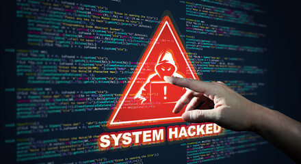 Wall Mural - hand pointing abstract modern tech of programming code screen with warning alert of system hacked. v