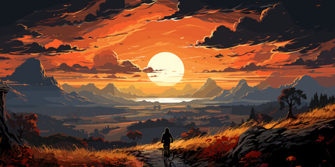Wall Mural - boy on a bicycle looking at the autumn view, digital art style, illustration painting