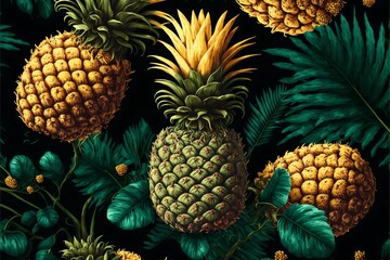  AI-generated illustration of a tropical background of pineapples and leaves.
