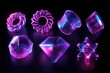 3d render, abstract geometric primitive shapes. Set of purple neon glass elements or icons isolated on black background. Glowing abstract clip art, Generative AI