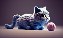 AI Generated Illustration Of A Funny Knitted Cat With A Pink Ball Of Wool Yarn