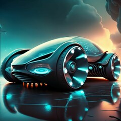 Wall Mural - AI generated illustration of a futuristic sportscar with glowing blue lights under a cloudy sky