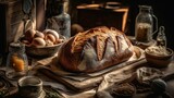 Fototapeta  - AI generated illustration of a rustic wooden table with a fresh loaf of bread and its ingredients