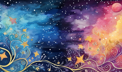 abstract background with stars, dark colors watercolor illustration wallpaper, night sky background, colorful painting pattern backdrop