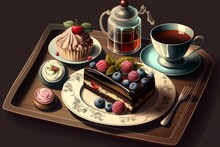 AI Generated Illustration Of An Assortment Of Freshly Baked Treats And Pastries With A Cup Of Tea