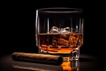 Glass Of Whiskey And Cigar On Dark Background