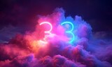 Fototapeta Przestrzenne - 3d render, neon linear number three and colorful cloud glowing with pink blue neon light, abstract fantasy background, Generative AI