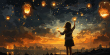 A Young Girl Standing During The Day Reaching Out To Grab A Star In The Night Dimension, Digital Art Style, Illustration Painting