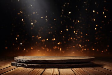 Wall Mural - empty wooden table with sparkling bokeh lights background