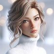A stylish girl with short hair exudes sophistication in a white turtleneck. Her confident demeanor and fashionable attire showcase modern elegance.