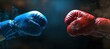 Red and blue boxing gloves face off in dramatic lighting. symbol of competition and challenge. perfect for sports themes. AI